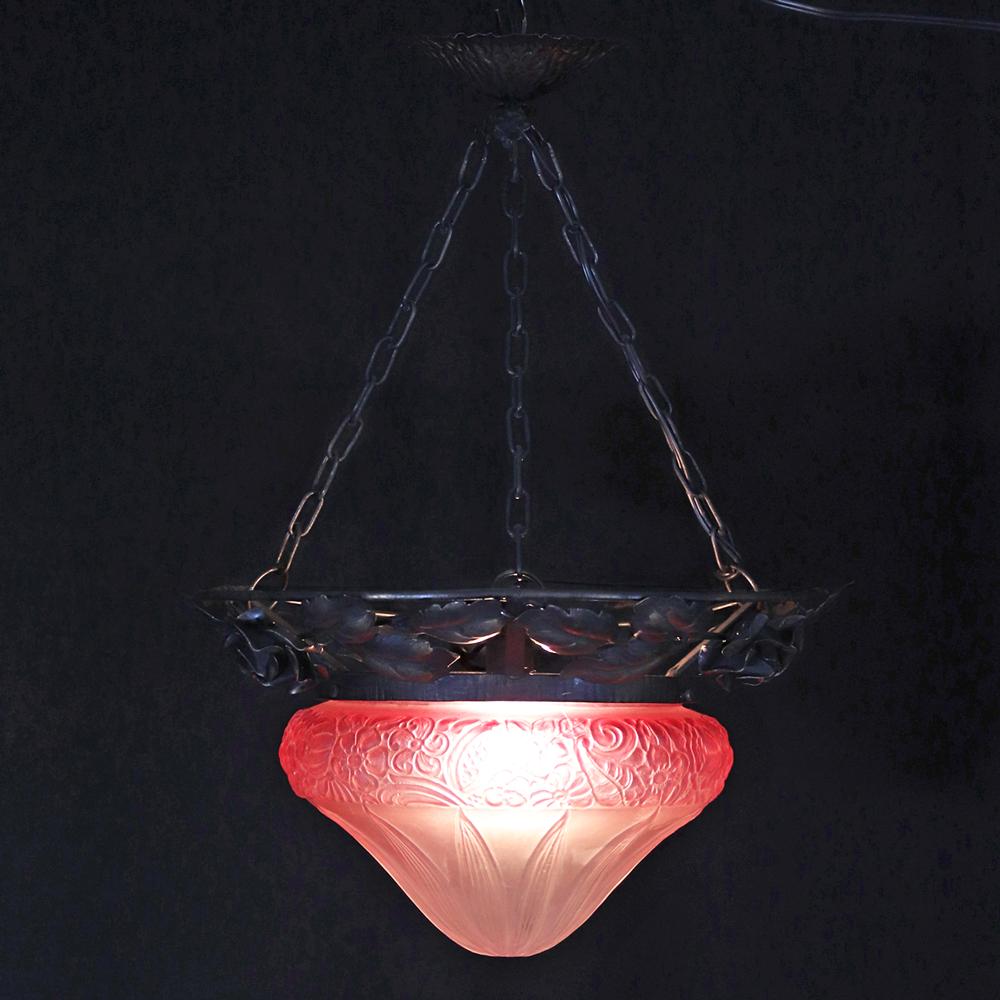 フランス 二十世紀初頭 クランベリーガラス アイアン ハンギングランプの画像