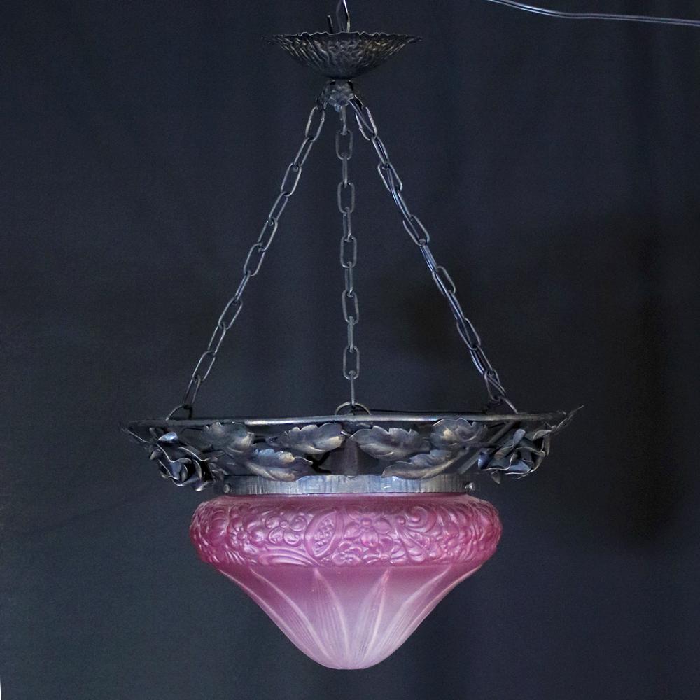 フランス 二十世紀初頭 クランベリーガラス アイアン ハンギングランプの画像