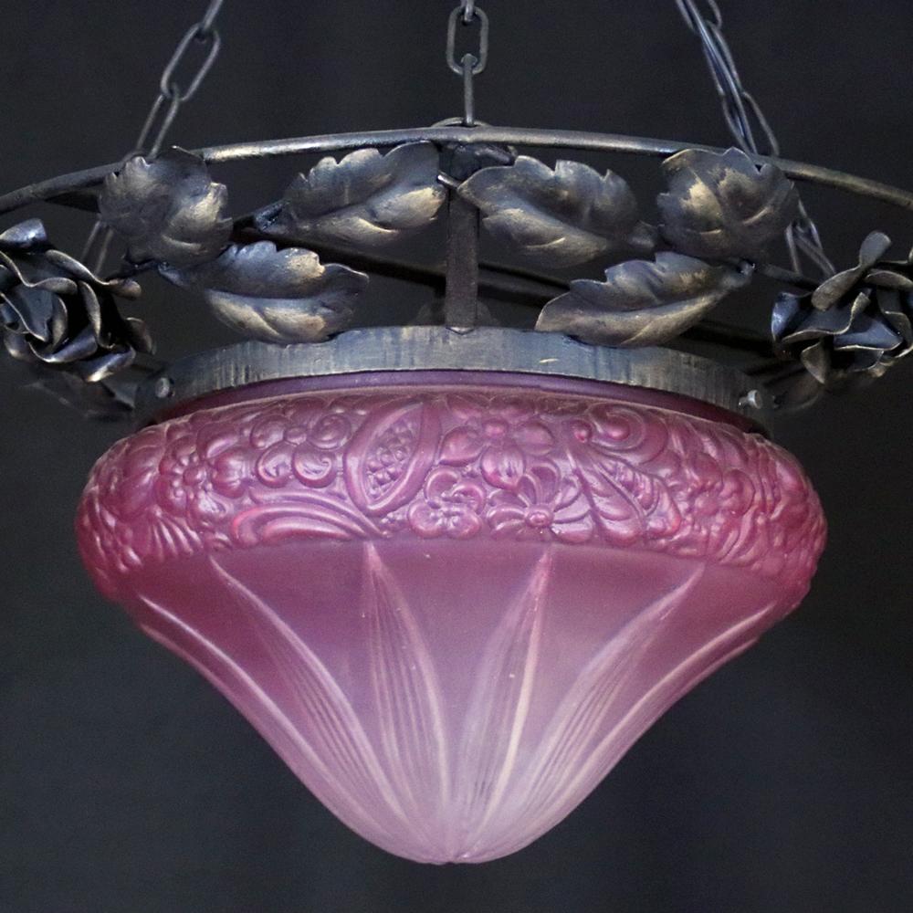 フランス 二十世紀初頭 クランベリーガラス アイアン ハンギングランプの画像