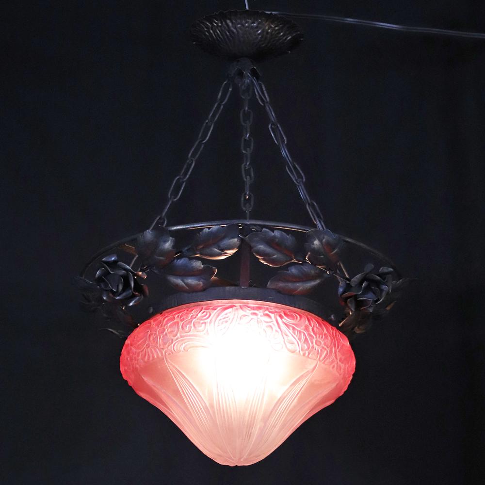 フランス 二十世紀初頭 クランベリーガラス アイアン ハンギングランプの画像