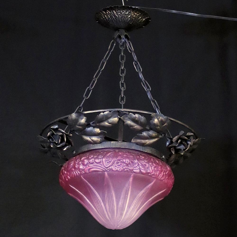 フランス 二十世紀初頭 クランベリーガラス アイアン ハンギングランプの画像