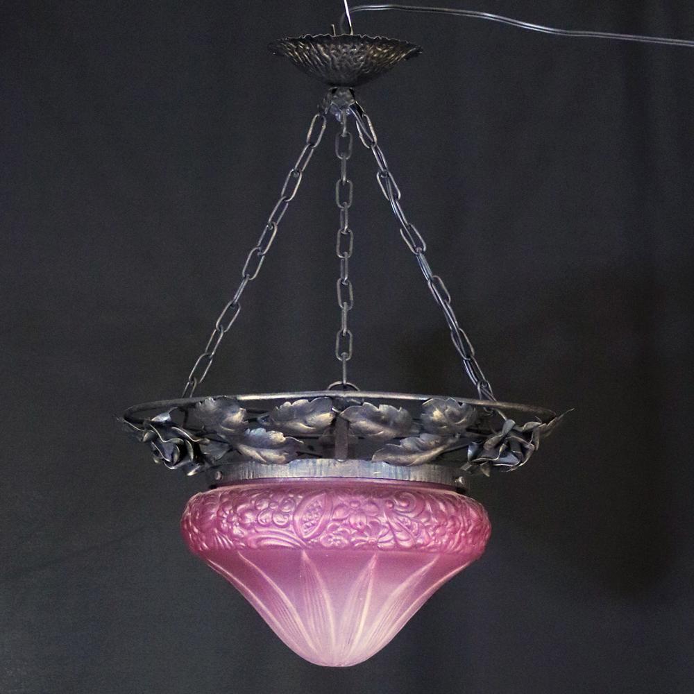 フランス 二十世紀初頭 クランベリーガラス アイアン ハンギングランプの画像