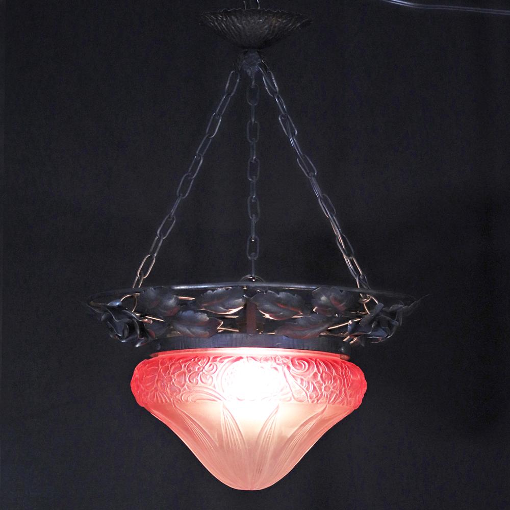 フランス 二十世紀初頭 クランベリーガラス アイアン ハンギングランプの画像