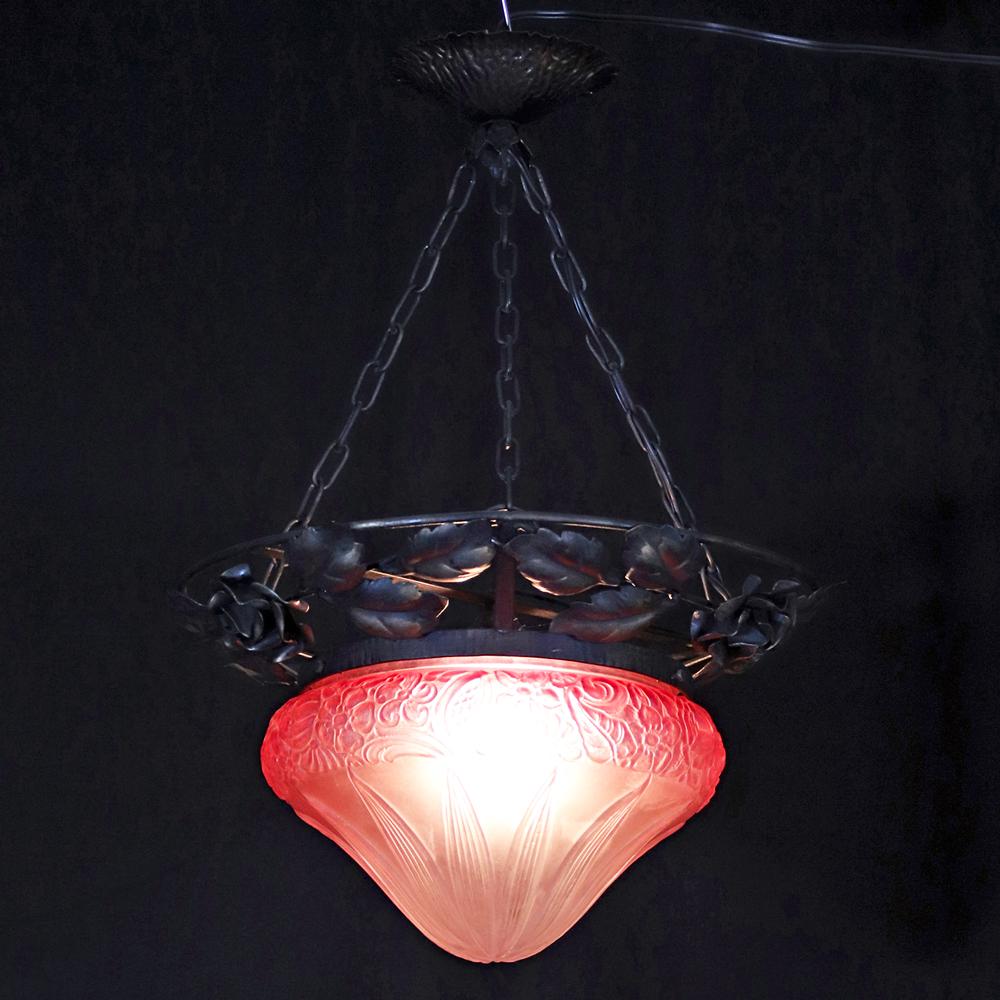 フランス 二十世紀初頭 クランベリーガラス アイアン ハンギングランプの画像