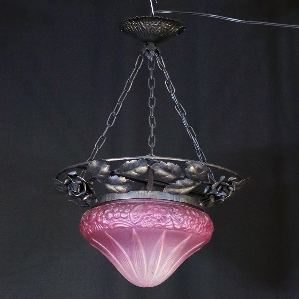 フランス 二十世紀初頭 クランベリーガラス アイアン ハンギングランプの画像