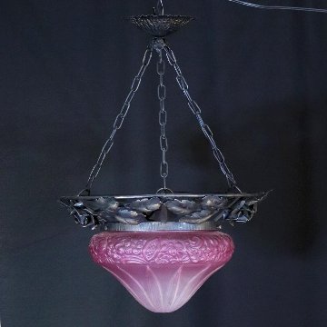 フランス 二十世紀初頭 クランベリーガラス アイアン ハンギングランプの画像