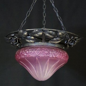 フランス 二十世紀初頭 クランベリーガラス アイアン ハンギングランプの画像