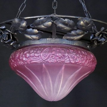 フランス 二十世紀初頭 クランベリーガラス アイアン ハンギングランプの画像