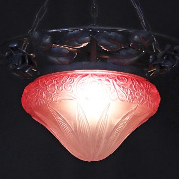 フランス 二十世紀初頭 クランベリーガラス アイアン ハンギングランプの画像