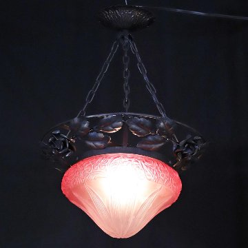 フランス 二十世紀初頭 クランベリーガラス アイアン ハンギングランプの画像