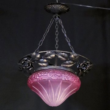 フランス 二十世紀初頭 クランベリーガラス アイアン ハンギングランプの画像