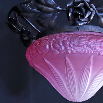 フランス 二十世紀初頭 クランベリーガラス アイアン ハンギングランプの画像