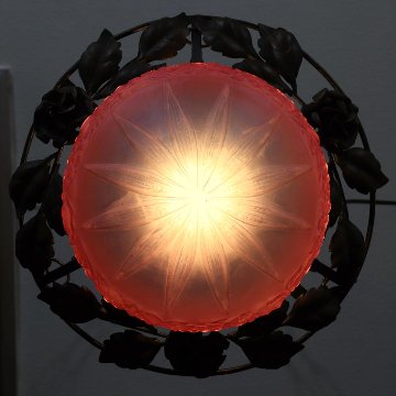 フランス 二十世紀初頭 クランベリーガラス アイアン ハンギングランプの画像