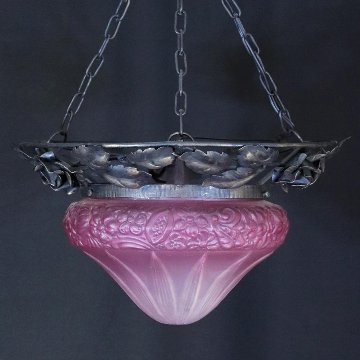 フランス 二十世紀初頭 クランベリーガラス アイアン ハンギングランプの画像