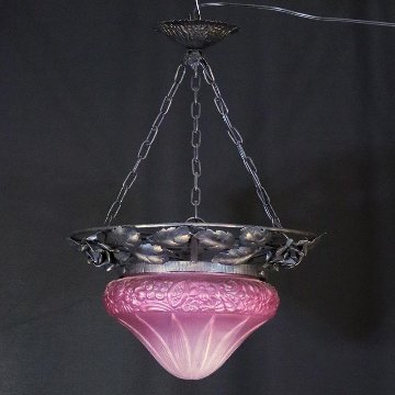 フランス 二十世紀初頭 クランベリーガラス アイアン ハンギングランプの画像
