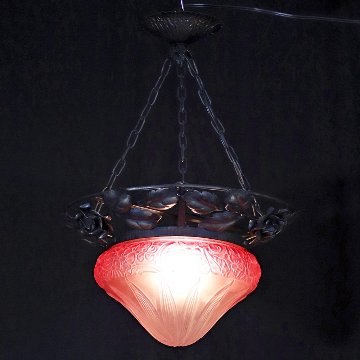フランス 二十世紀初頭 クランベリーガラス アイアン ハンギングランプの画像