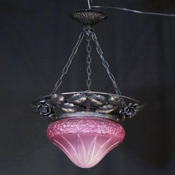 フランス 二十世紀初頭 クランベリーガラス アイアン ハンギングランプの画像