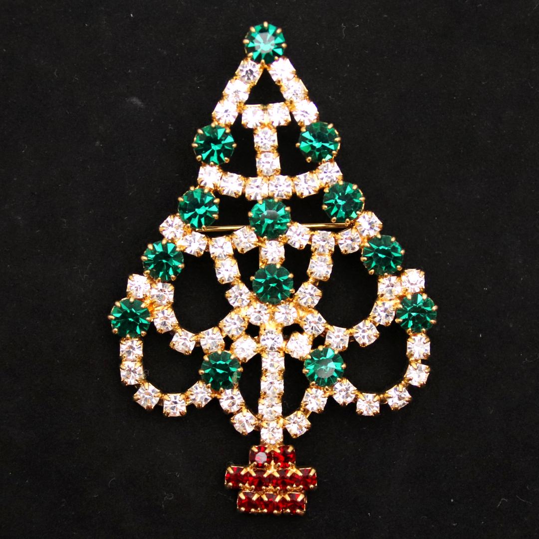 アメリカ クリスマスツリー ラインストーン ブローチの画像