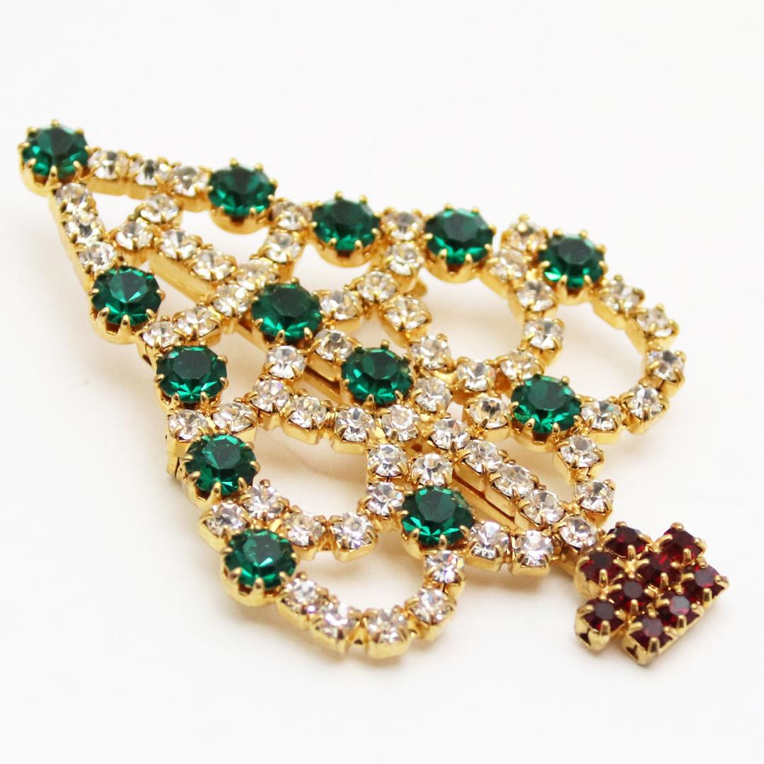 アメリカ クリスマスツリー ラインストーン ブローチの画像