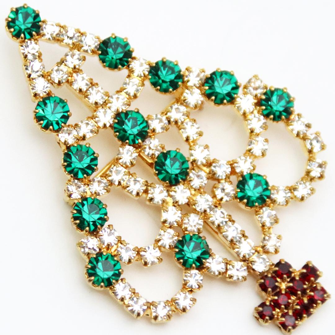 アメリカ クリスマスツリー ラインストーン ブローチの画像