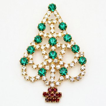 アメリカ クリスマスツリー ラインストーン ブローチの画像
