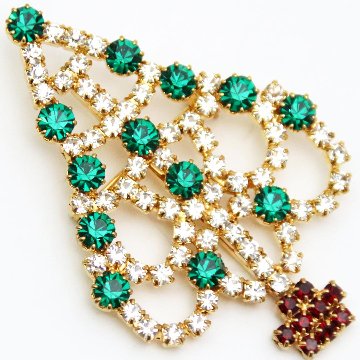 アメリカ クリスマスツリー ラインストーン ブローチの画像