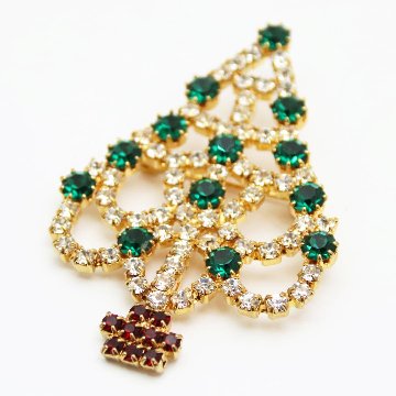 アメリカ クリスマスツリー ラインストーン ブローチの画像