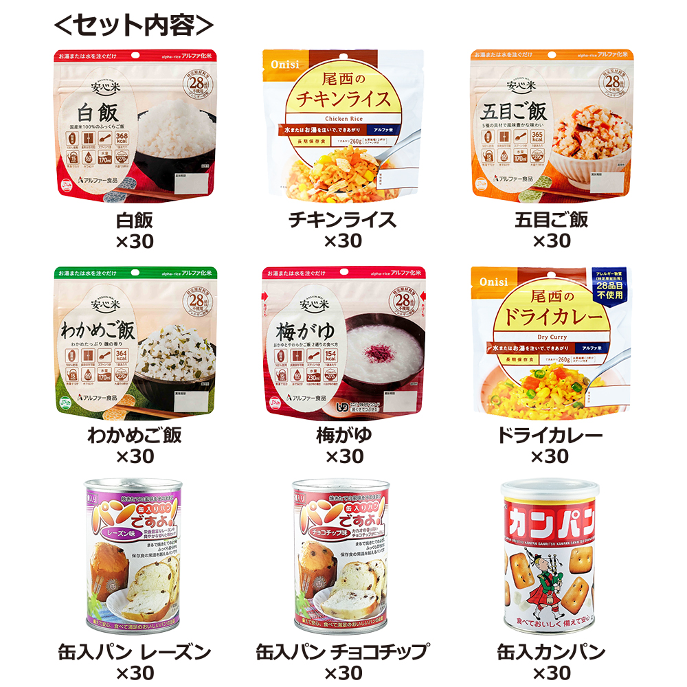 30人用 非常食セット 5年保存 3日分(9食) 計270食分〔賞味期限：2031年2月以降〕の画像
