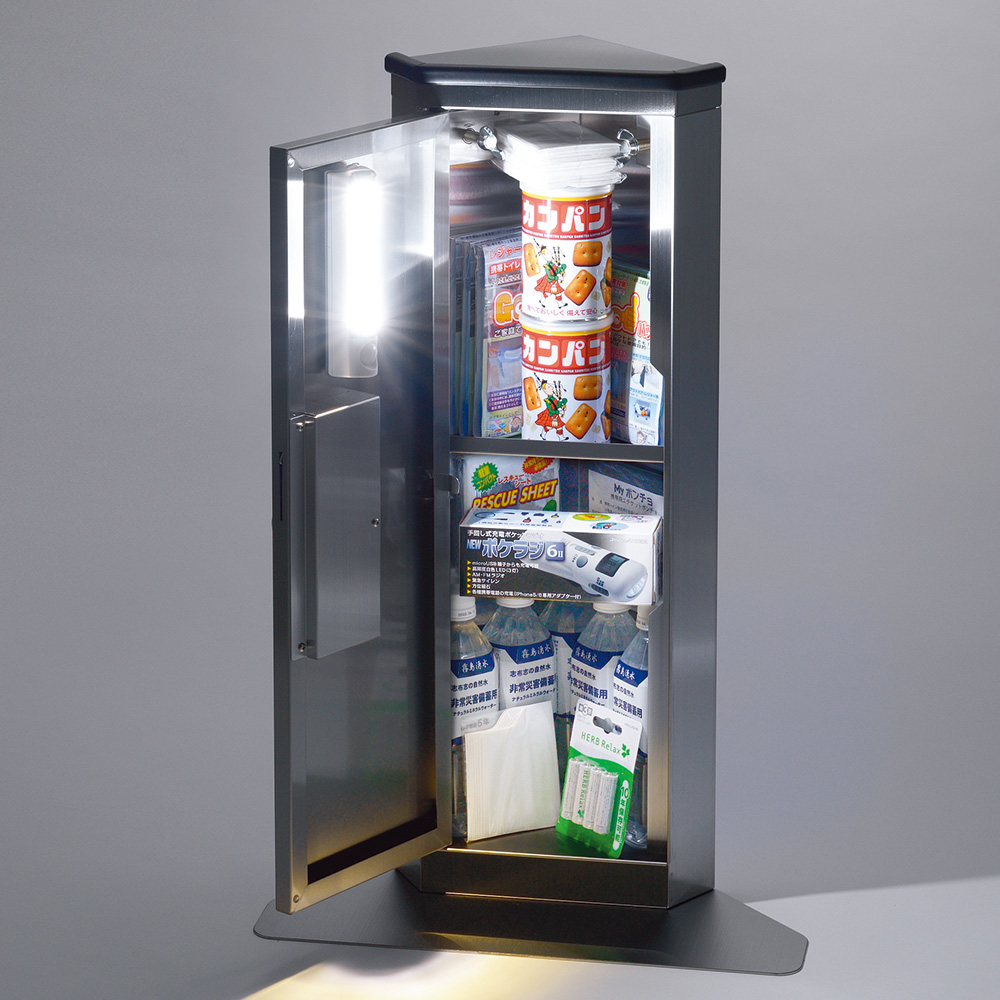 エレベーター用防災キャビ コーナータイプ 防災用品 防災グッズ 災害 対策 マンション ビル 地震 停電 故障 ステンレスの画像