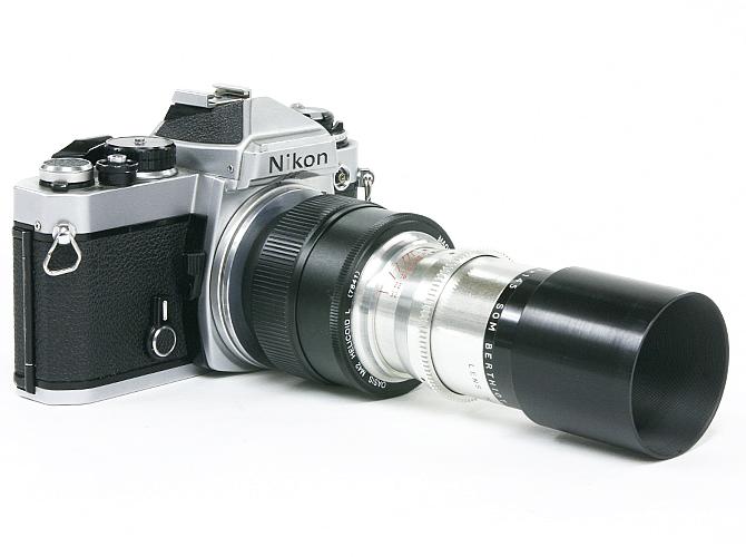 145/4.5 Tele-Cinor SOM BERTHIOT (made in France)  Nikon F マウント  真円絞り 手動絞り 直進ヘリコイド メタルフード付き 80%の画像