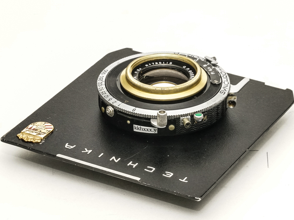 150/6.8 Gold rim DAGOR (GOERZ) 　シンクロコンパーシャッター付き (真円絞り) リンホフテヒニカ4×5inレンズボード付  前玉を外して後玉のみの場合300mmとして使用可｜カメラのマツバラ光機