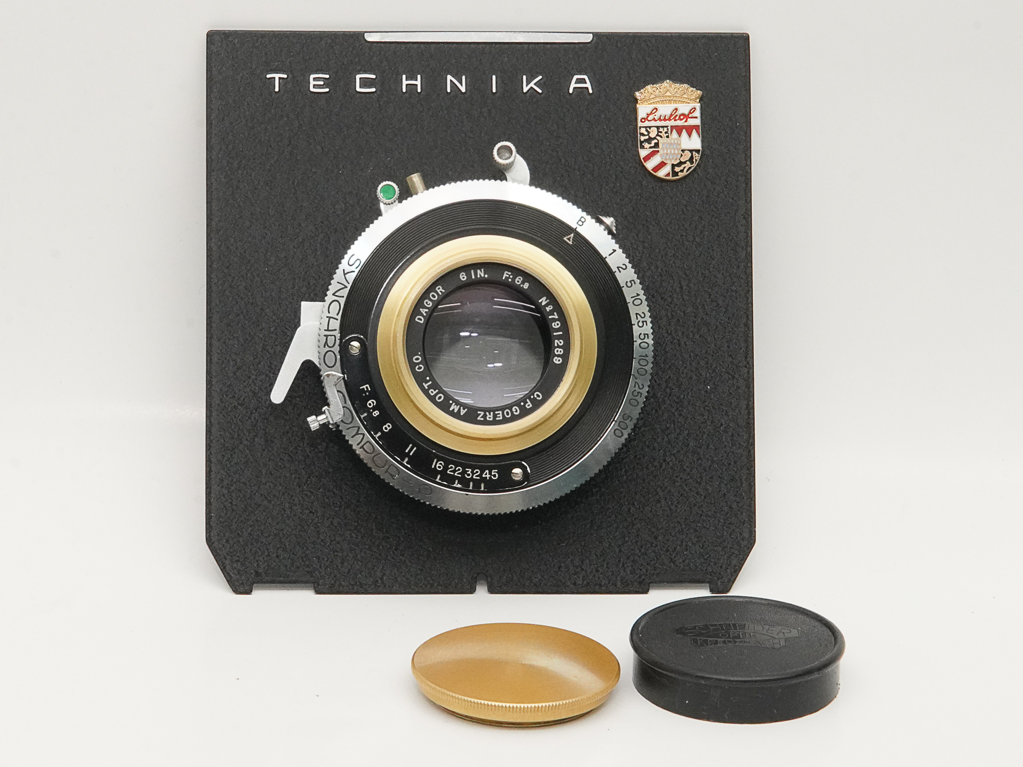 150/6.8 Gold rim DAGOR (GOERZ) 　シンクロコンパーシャッター付き (真円絞り) リンホフテヒニカ4×5inレンズボード付の画像