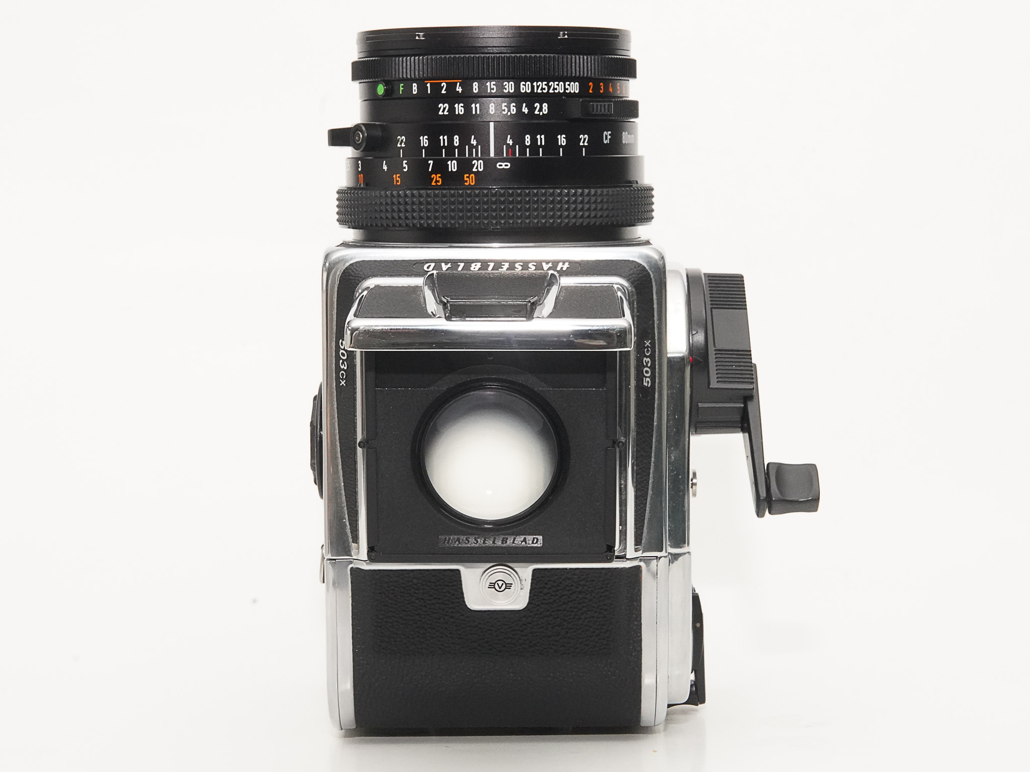 Hasselblad 503CX 80/2.8 Planar T* (CFレンズ) A-12マガジン 焦点板 ラピットクランク ネックストラップ  日本語使用説明書付　93% 超美品の画像