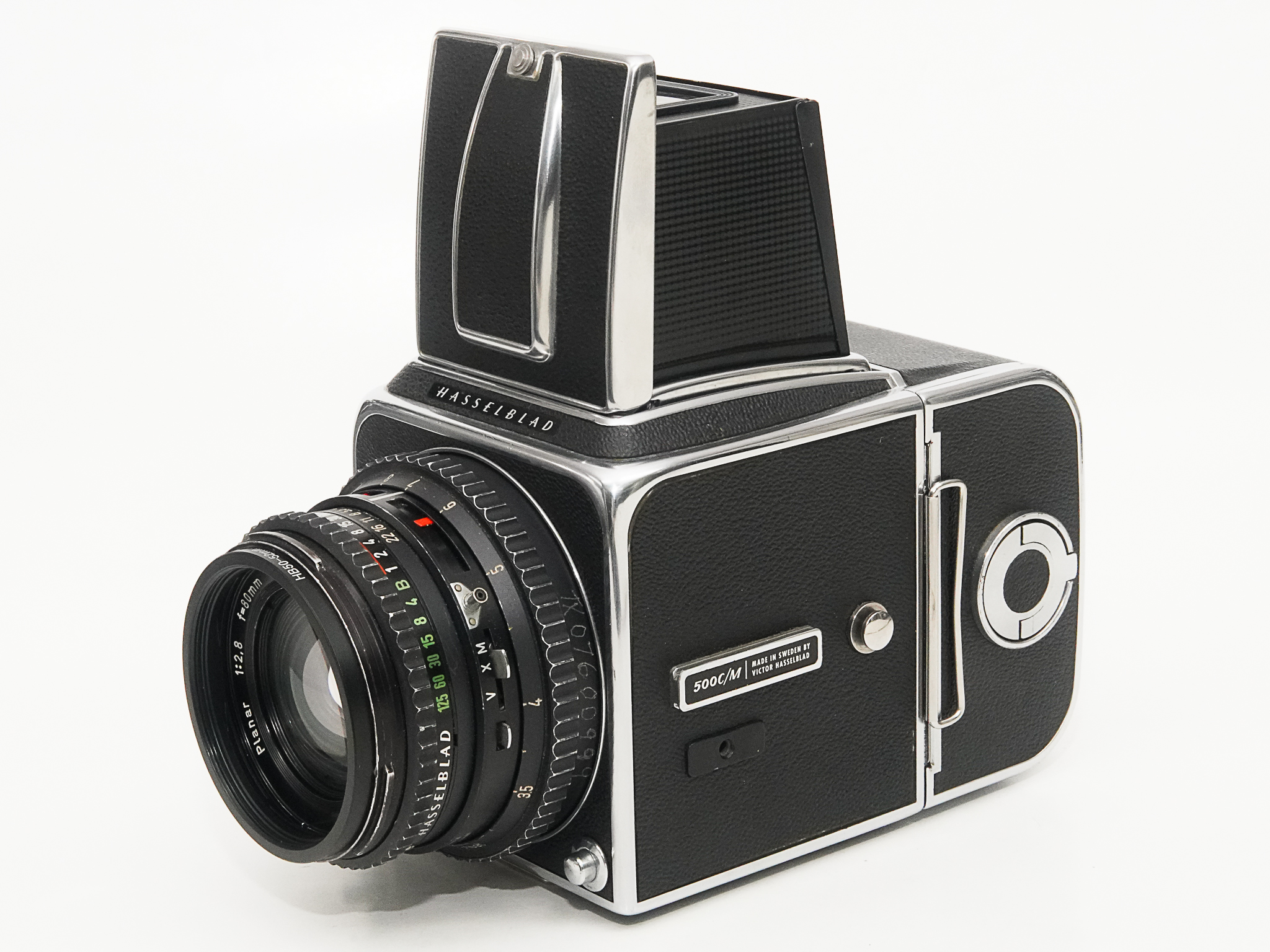 Hasselblad 500C/M  80/2.8 Planar (Cレンズ ) ブラック 12マガジン　疑似アキュートマット焦点板　 ネックストラップ付  日本語使用説明書付(コピー)の画像