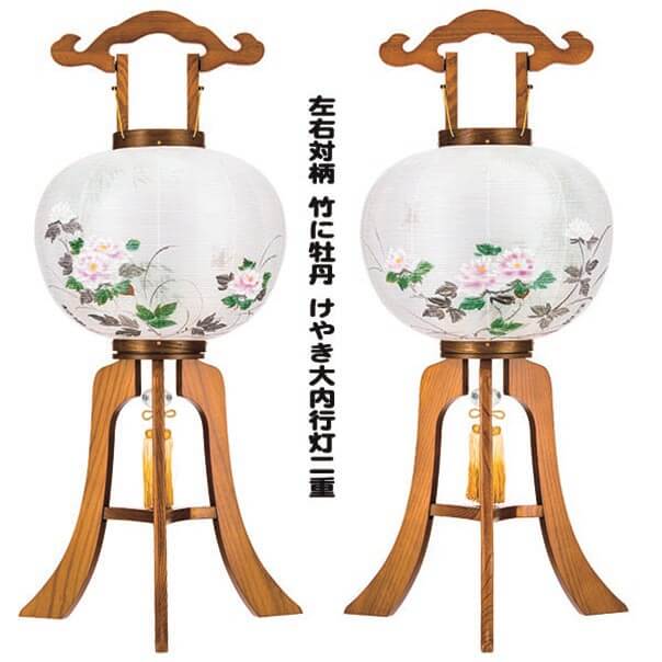 天然欅大内行灯二重　対柄 竹に牡丹 1対の画像