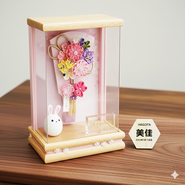 羽子板　アクリルケース　つまみ細工 最新作 正絹 つまみ細工 羽子板 アクリルケース 8号 紅白 梅 松 白木