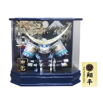 12号 伊達政宗 シルバー仕上げブルー兜 六角アクリルケース飾りの画像