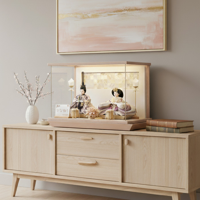 芥子親王ピンク塗アクリルケース飾りLED照明付き