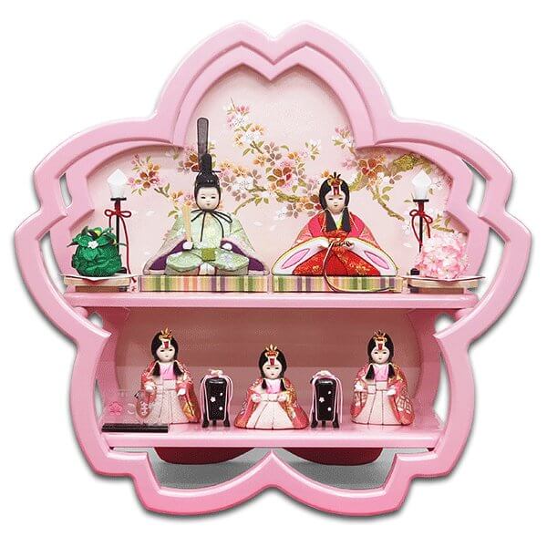こまちシリーズ　もも雛五人飾り木目込み雛　ピンク桜型衝立飾り画像