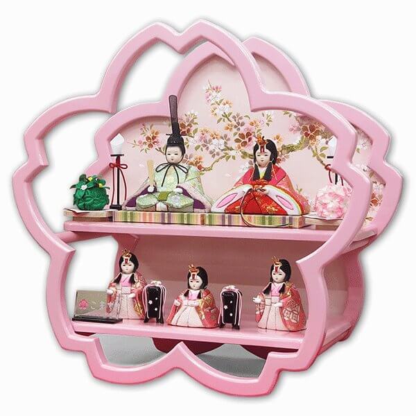 こまちシリーズ　もも雛五人飾り木目込み雛　ピンク桜型衝立飾り画像