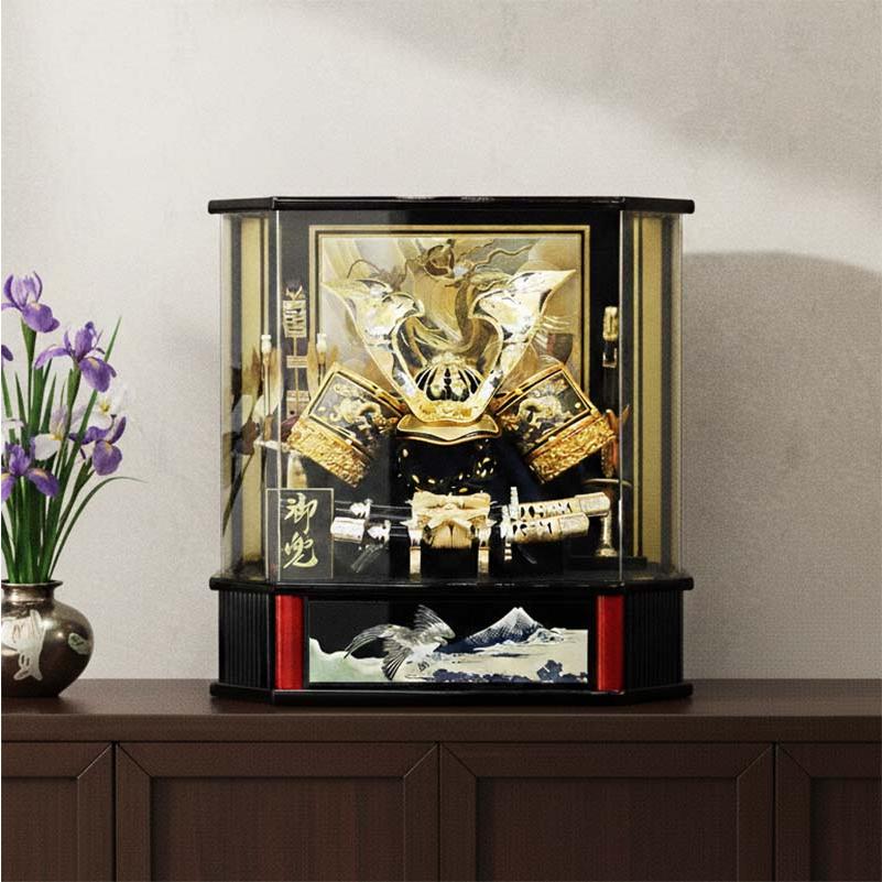 五月人形 兜ケース飾り 嘉祥作 12号 盛上げ龍兜 六角アクリルケース