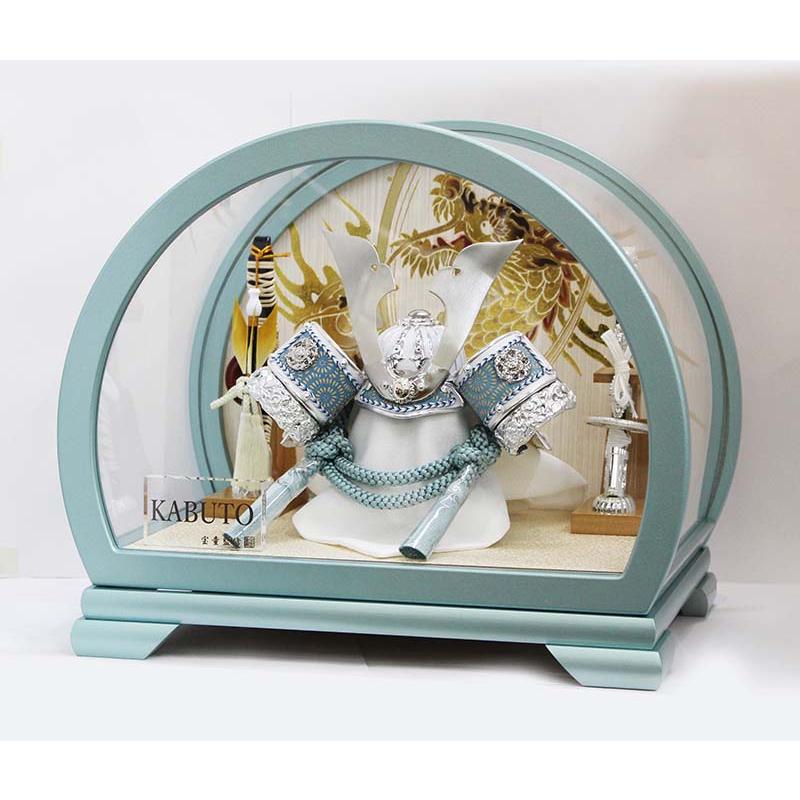 五月人形 宝童作 5号 白銀中鍬兜 兜ケース入り 阿古陀鉢 ブルー円型