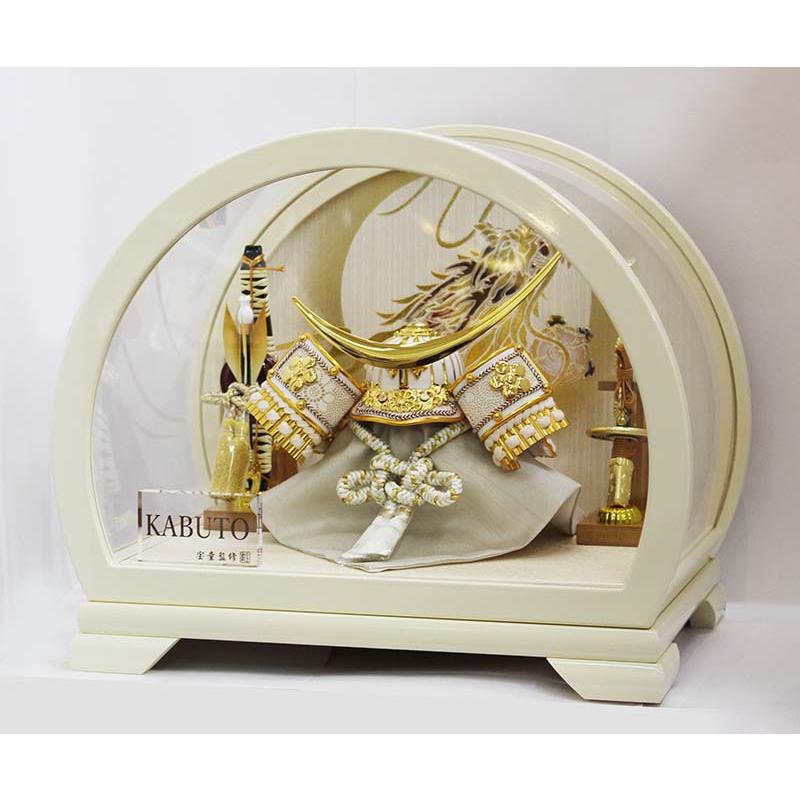 五月人形 伊達政宗 5号 白金兜 兜ケース入り オフホワイト円型アクリル