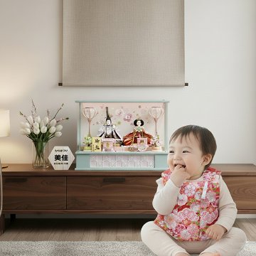 パステルブルーの雛人形アクリルケース飾りの画像