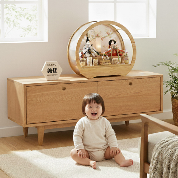 木の温もりを感じるおしゃれな平安豊久のくるみ雛人形円形ケース飾り