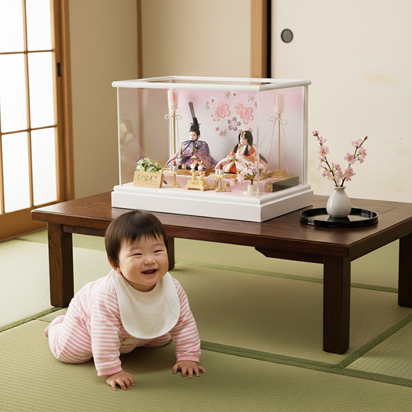  ひなろこ雛 ホワイト塗アクリルケース飾の画像