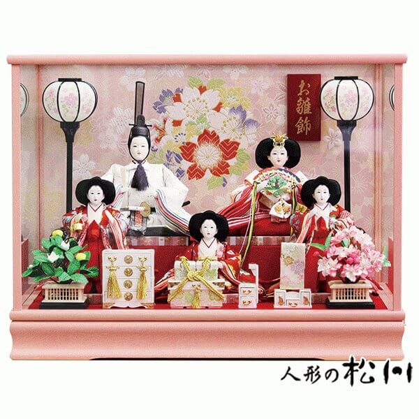 コンパクトでも豪華なピンク塗雛人形五人ケース飾り/人形の松川