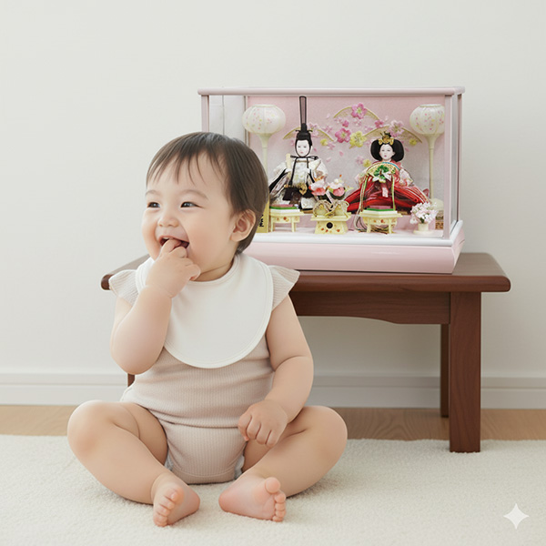 おしゃれなグレージュ塗雛人形ケース飾りの画像