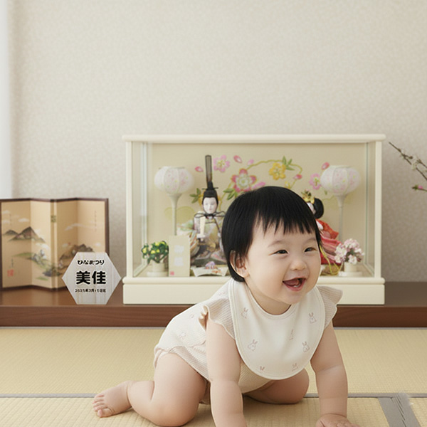可愛いオフホワイト塗の親王ケース飾り　の画像