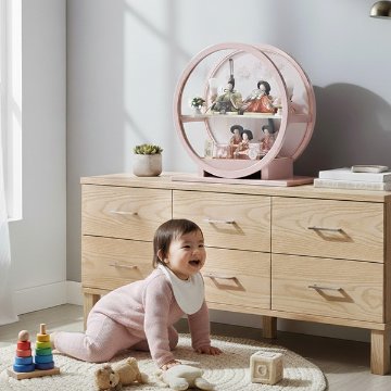 可愛いピンクの円形丸型アクリルケース入り雛人形五人飾り-人形の松川